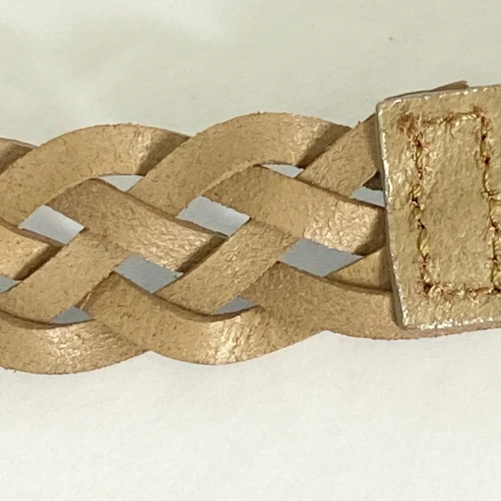 3/$25 Talbots Metallic Sage Green Braided‎ Leather Belt Gold Buckle 31-35 inch